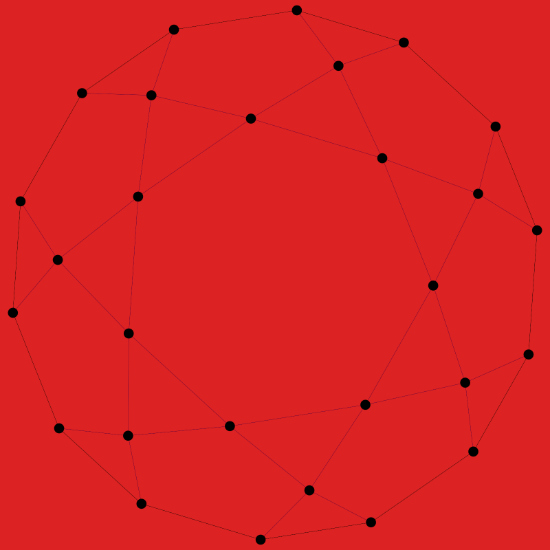 Gráfico circular de 28 pontos pretos conectados por linhas finas pretas sobre um fundo vermelho, formando uma rede geométrica simétrica semelhante a um poliedro visto de frente.